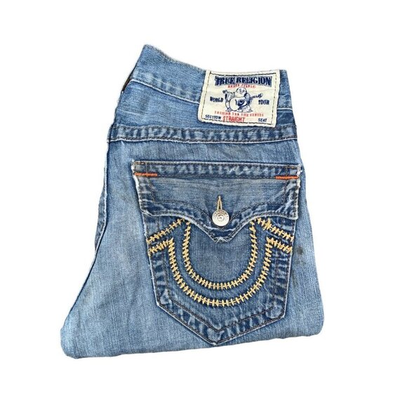 VINTAGE True Religion Jeans Size 32 STRAIGHT Trashed Rope Stitch Horseshoe - Picture 3 of 9